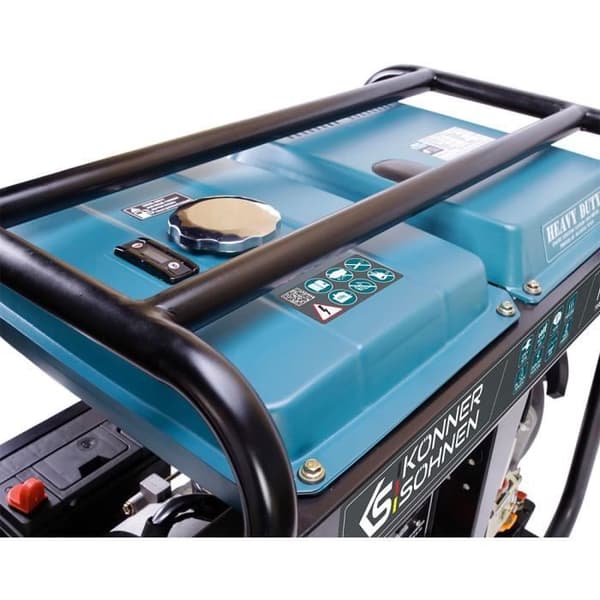 Dieselgenerator KS 8100HDE med en max/nominal effekt på 6500W/6000W, 1x16A, 1x32A (230V), automatisk spänningsregulator.