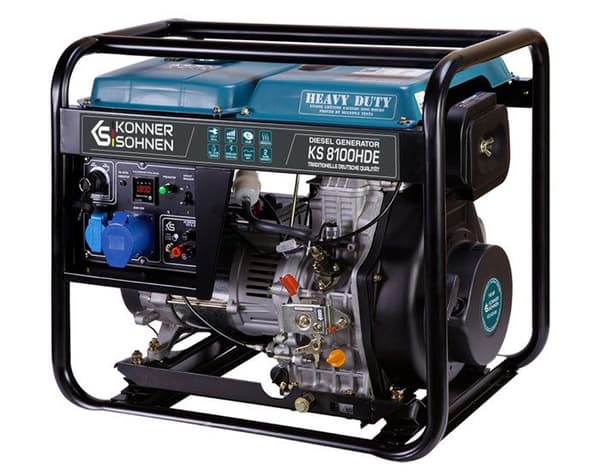 Dieselgenerator KS 8100HDE med en max/nominal effekt på 6500W/6000W, 1x16A, 1x32A (230V), automatisk spänningsregulator.