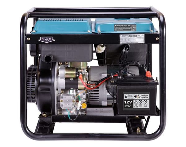 Dieselgenerator KS 8100HDE med en max/nominal effekt på 6500W/6000W, 1x16A, 1x32A (230V), automatisk spänningsregulator.