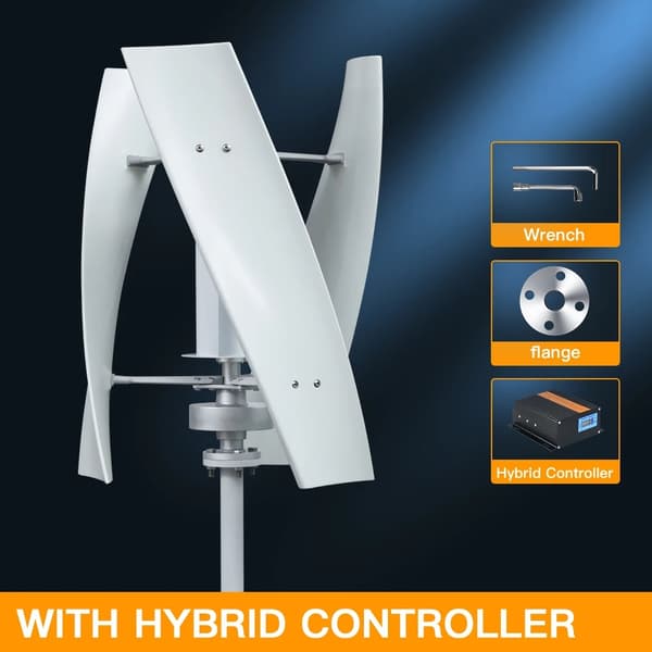 2000W 24V hemmabruk 3-blads vindturbingenerator med hybridkontroller, vertikal axel vindkraftverk med monteringsbas