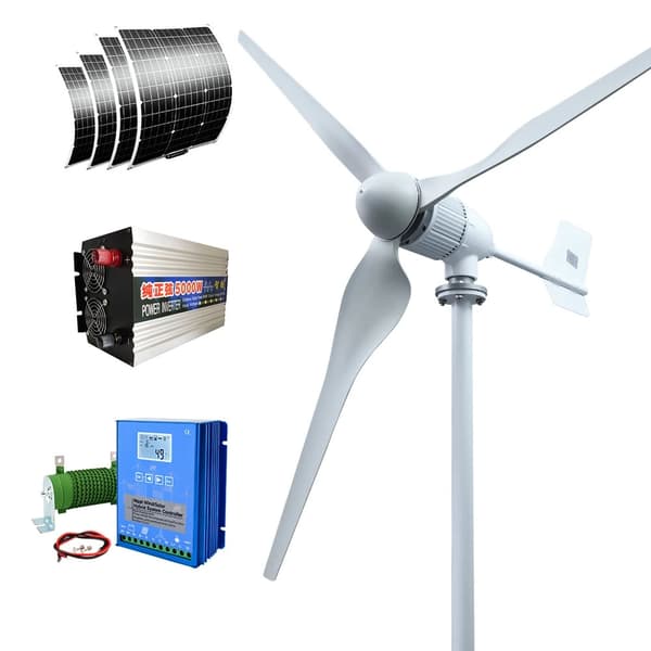 5000W 48V 3-bladig horisontell vindturbingenerator med solpanelsystem, liten vindkraftverk för hemmabruk, enkel att installera