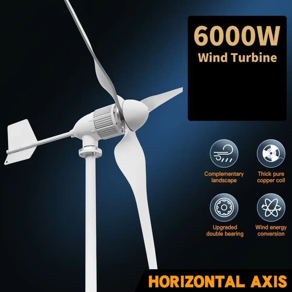 6000W 48V 3-bladig horisontell vindturbingenerator, liten vindkraftverk för hemmabruk, låg starthastighet, enkel att installera