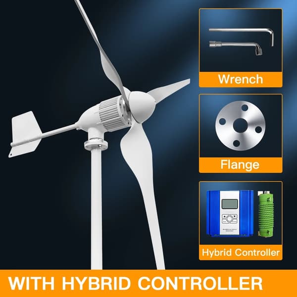6000W 24V 3-bladig horisontell vindturbingenerator med MPPT LCD-hybridstyrning, litet vindkraftverk för hemmabruk, låg starthastighet