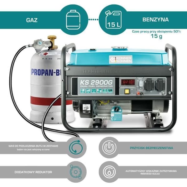 Bensin-gasolgenerator KS 2900G Könner &amp; Söhnen, max effekt 2900W, manuell start, AVR-regulator, LED-display.