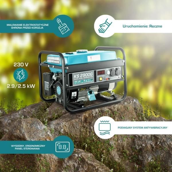 Bensin-gasolgenerator KS 2900G Könner &amp; Söhnen, max effekt 2900W, manuell start, AVR-regulator, LED-display.