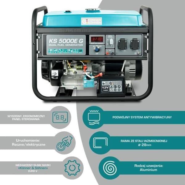 Bensindladningsaggregat KS 5000E G Könner &amp; Söhnen, max/nominerad effekt: 4500W/4000W, manuell/elstart, AVR