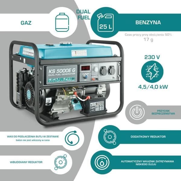 Bensindladningsaggregat KS 5000E G Könner &amp; Söhnen, max/nominerad effekt: 4500W/4000W, manuell/elstart, AVR
