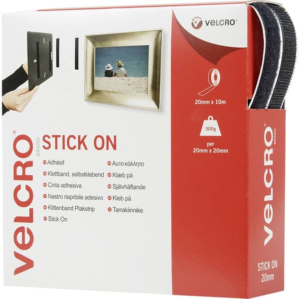 VELCRO® VEL-EC60220 Kardborreband för fastlimning Statisk del och fleecedel (L x B) 10000 mm x 20 mm Svart 10 m
