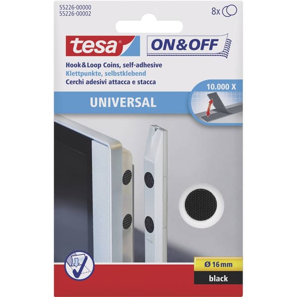 TESA On & Off 55226-00-01 Kardborreband-punkter för fastlimning Statisk del och fleecedel (Ø) 16 mm Svart 8 par