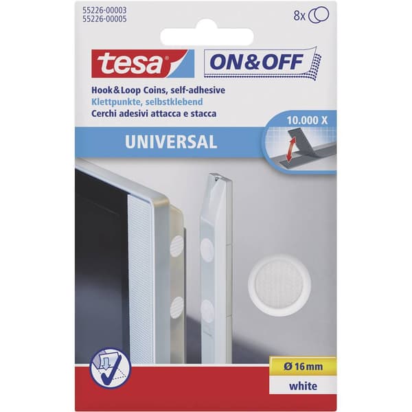 TESA On & Off 55226-03-00 Kardborreband-punkter för fastlimning Statisk del och fleecedel (Ø) 16 mm Vit 8 par