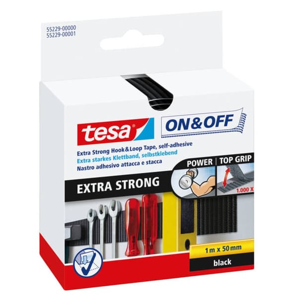TESA On & Off 55229-00-01 Kardborreband för fastlimning Statisk del och fleecedel, Extra stark (L x B) 1000 mm x 50 mm