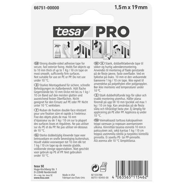 tesa Mounting PRO Outdoor 66751-00000-00 Monteringsband Transparent (L x B) 1.5 m x 19 mm 1 st
