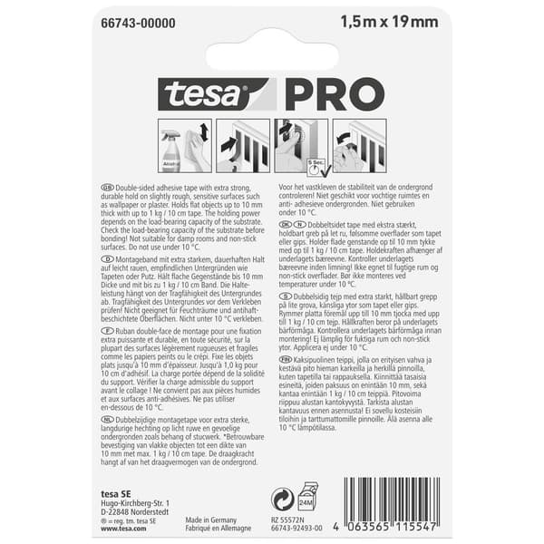 tesa Mounting PRO Tapete & Putz 66743-00000-00 Monteringsband Vit (L x B) 1.5 m x 19 mm 1 st