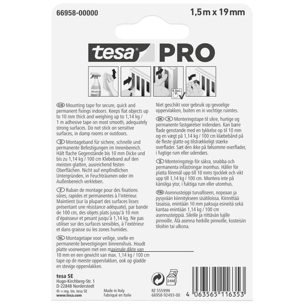 tesa Mounting PRO Universal 66958-00000-00 Monteringsband Vit (L x B) 1.5 m x 9 mm 1 st