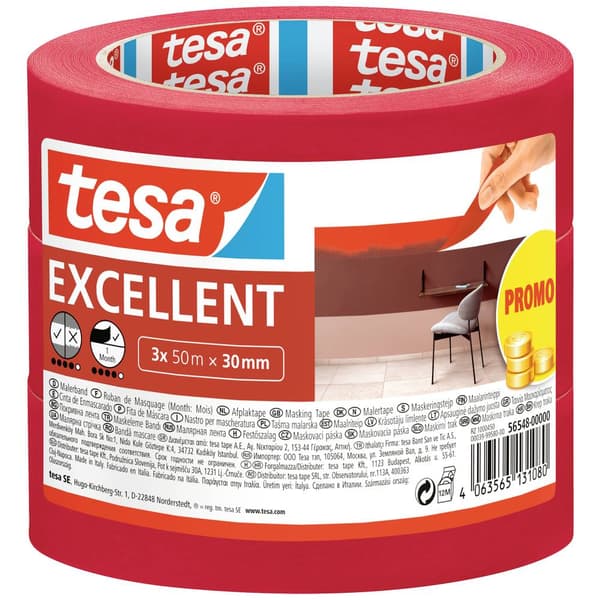 tesa EXCELLENT 56548-00000-00 Maskeringstejp Röd (L x B) 50 m x 30 mm 3 st
