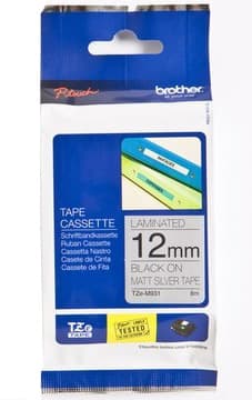 BROTHER TZEM931 12mm BLACK ON SILVER MAT TAPE/METALIC
