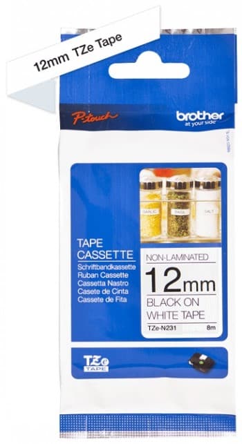 BROTHER TZEN231 12mm BLACK ON WHITE ADHESIVE TAPE NON LAMINATED