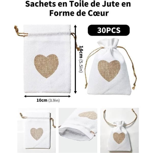 Förpackning med 30 hjärtsäcksäckar 10*14 cm för bröllopsgodis Present Dop Födelsedag Jul (Vit)