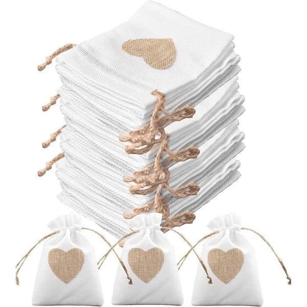Förpackning med 30 hjärtsäcksäckar 10*14 cm för bröllopsgodis Present Dop Födelsedag Jul (Vit)