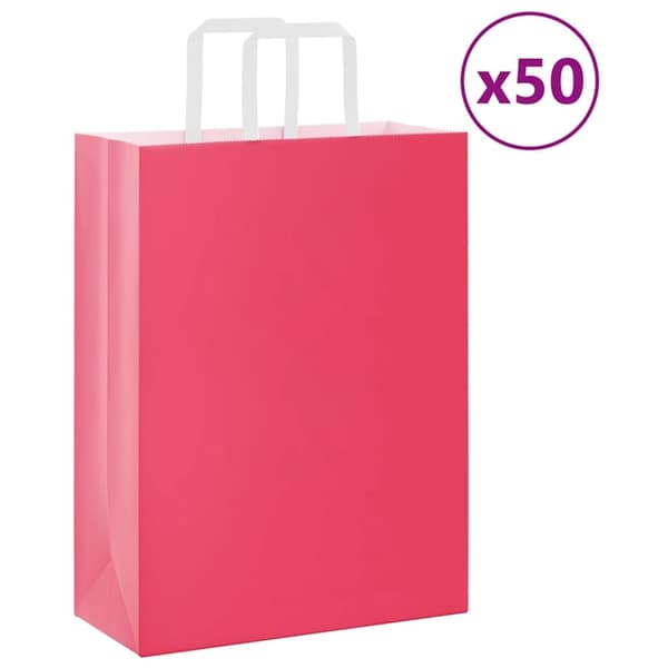 vidaXL kraftpapirposer 50 stk. med håndtag 26x12x35 cm lyserød