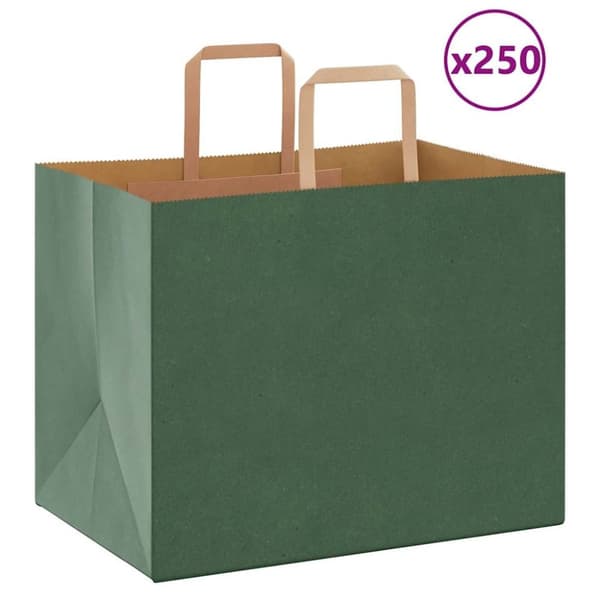 vidaXL Kraftpapperspåsar 250 st med handtag grön 32x22x24 cm