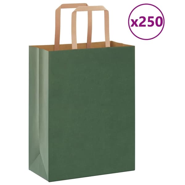 vidaXL Kraftpapperspåsar 250 st med handtag grön 21x11x28 cm