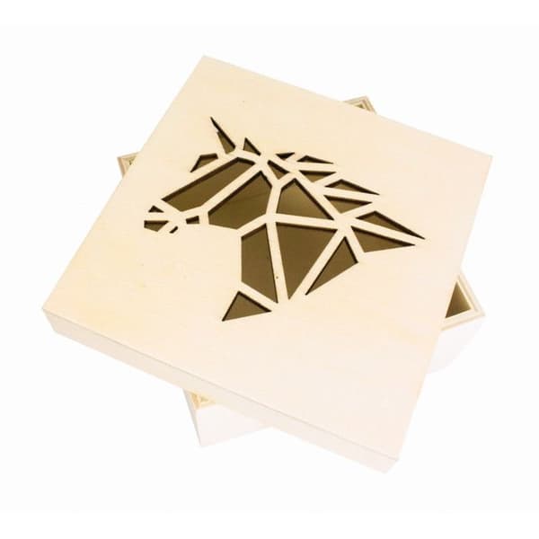 Trälåda origami enhörningsutskärning 11,3 x 11,3 x 5 cm
