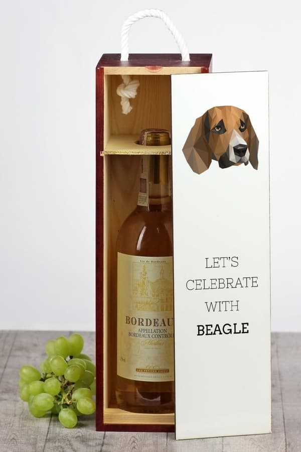 Beagle - geometrinen laatikko, jossa on valokuva ja kirjoitus Art-Dog -viinille