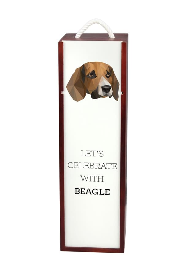 Beagle - geometrinen laatikko, jossa on valokuva ja kirjoitus Art-Dog -viinille