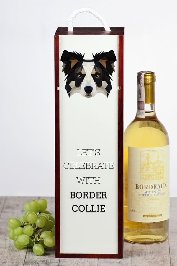 Border Collie - en geometrisk æske med et foto og en inskription til Art-Dog vin