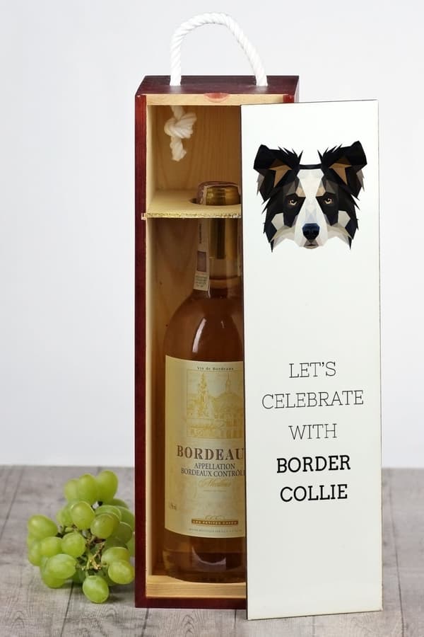 Border Collie - en geometrisk æske med et foto og en inskription til Art-Dog vin