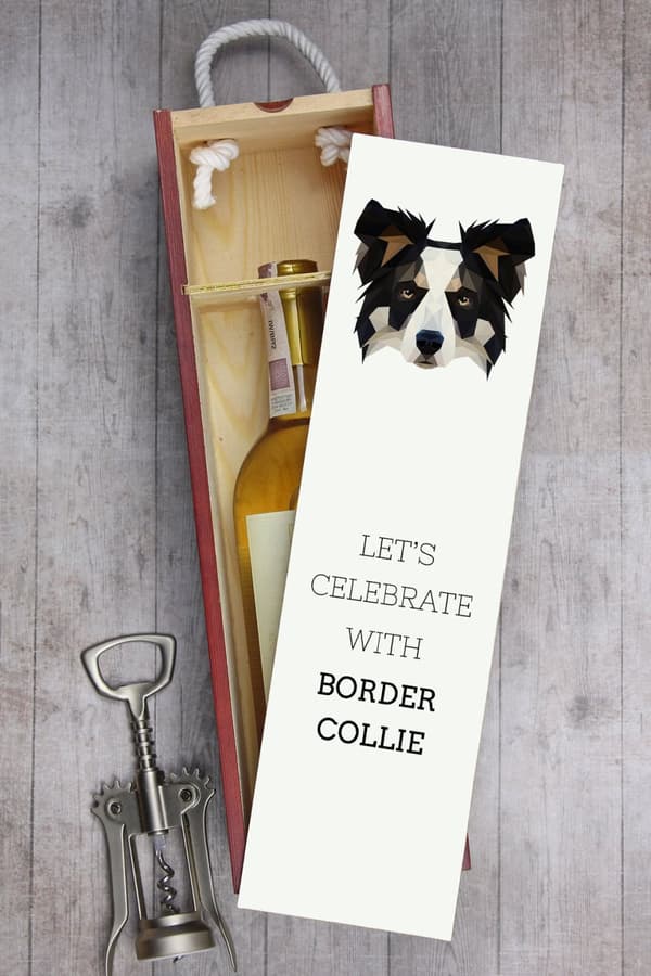 Border Collie - en geometrisk æske med et foto og en inskription til Art-Dog vin