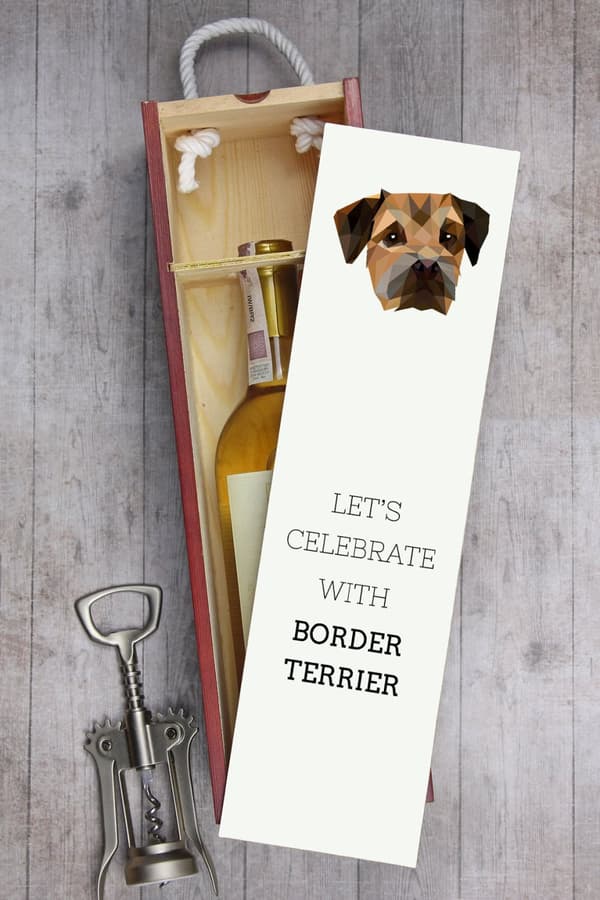 Borderterrieri - geometrinen laatikko, jossa on valokuva ja kirjoitus Art-Dog -viinille