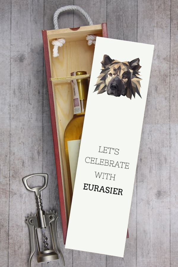 Eurasier, Eurasian - en geometrisk kasse med et foto og en inskription til Art-Dog vin