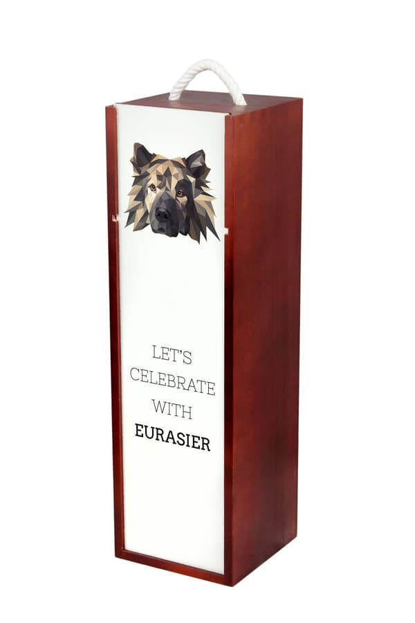 Eurasier, Eurasian - en geometrisk kasse med et foto og en inskription til Art-Dog vin