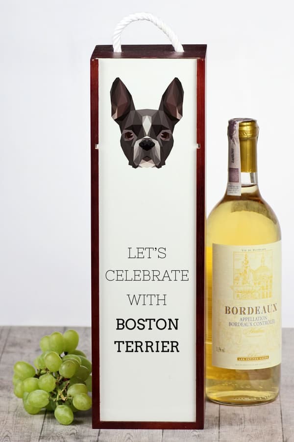 Boston Terrier, Boston Bull Terrier - en geometrisk låda med ett foto och en inskription för Art-Dog vin