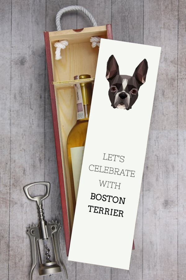 Boston Terrier, Boston Bull Terrier - en geometrisk låda med ett foto och en inskription för Art-Dog vin