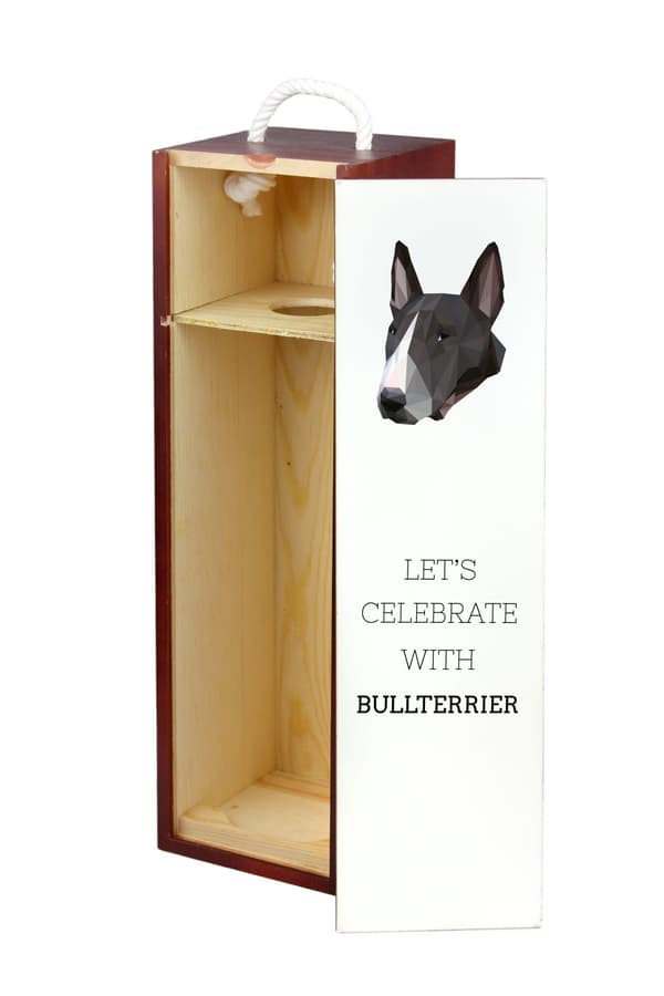Bullterrieri, bullterrieri - geometrinen laatikko, jossa on valokuva ja kirjoitus Art-Dog-viinille