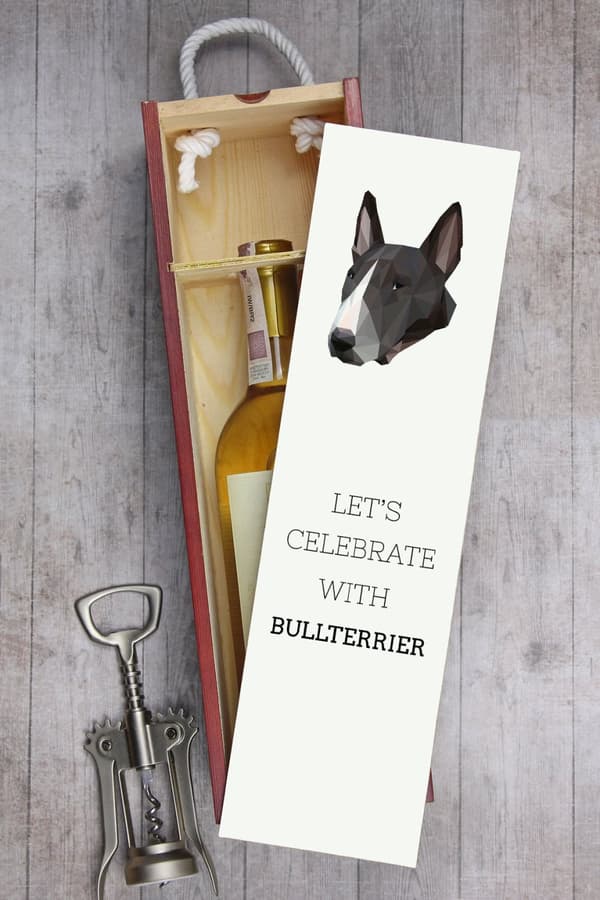 Bullterrieri, bullterrieri - geometrinen laatikko, jossa on valokuva ja kirjoitus Art-Dog-viinille