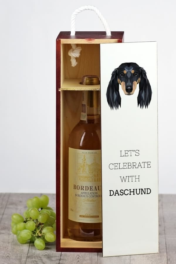 Långhårig tax - en geometrisk låda med ett foto och en inskription för Art-Dog-vin
