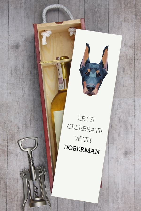 Doberman, Dobermann I - geometrinen laatikko, jossa on valokuva ja kirjoitus Art-Dog -viinille
