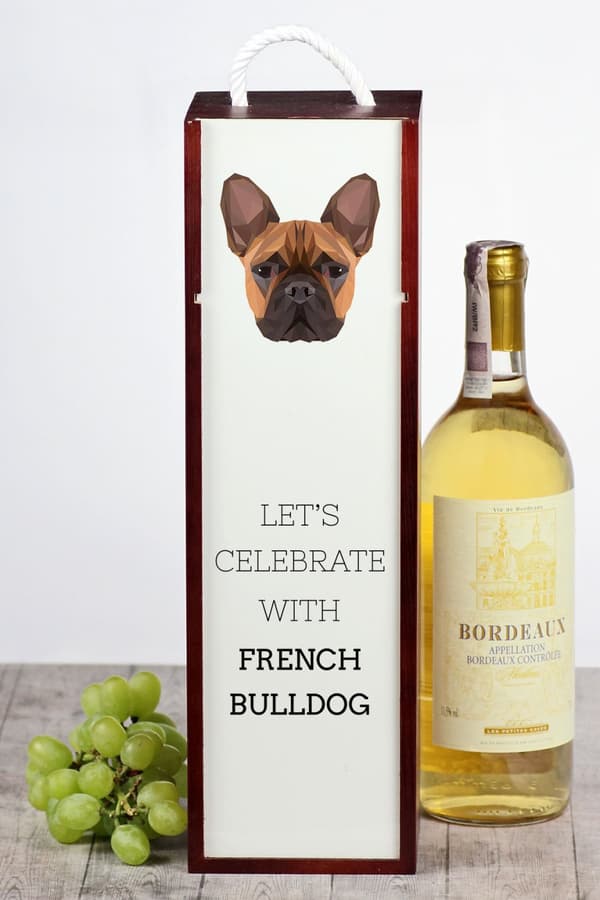 Fransk bulldog - en geometrisk låda med ett foto och en inskription för Art-Dog-vin