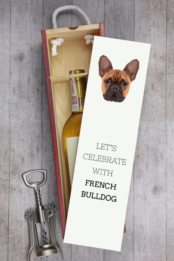 Fransk bulldog - en geometrisk låda med ett foto och en inskription för Art-Dog-vin