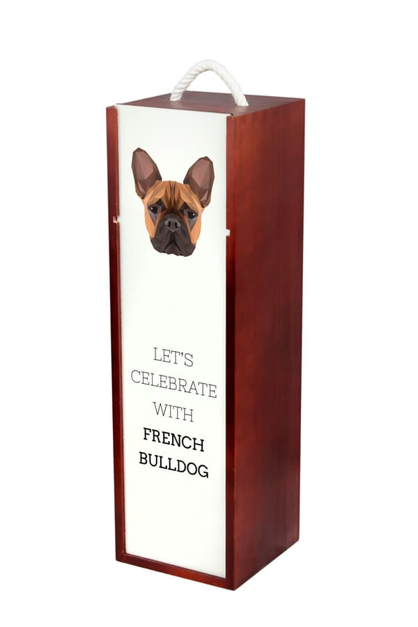 Fransk bulldog - en geometrisk låda med ett foto och en inskription för Art-Dog-vin