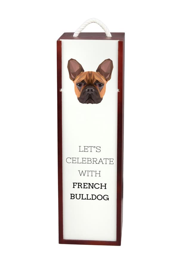 Fransk bulldog - en geometrisk låda med ett foto och en inskription för Art-Dog-vin