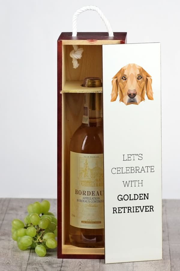 Golden Retriever - en geometrisk låda med ett foto och en inskription för Art-Dog-vin