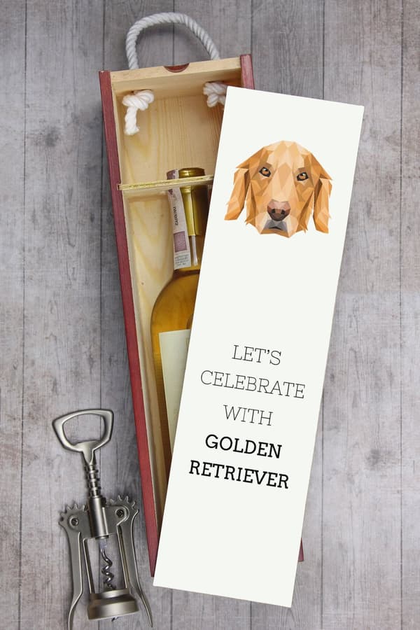 Golden Retriever - en geometrisk låda med ett foto och en inskription för Art-Dog-vin