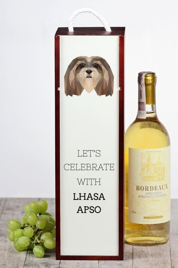 Lhasa Apso - geometrinen laatikko, jossa on valokuva ja kirjoitus Art-Dog -viinille