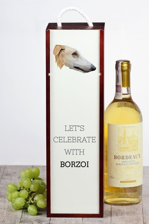 Ryska Borzoi, Borzoi, Barzoi - en geometrisk låda med ett foto och en inskription för Art-Dog-vin