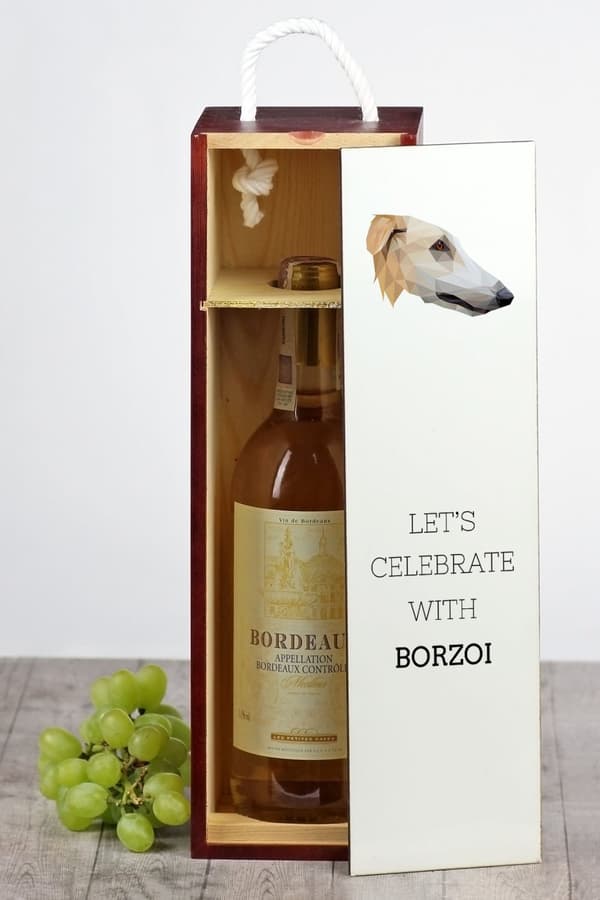 Ryska Borzoi, Borzoi, Barzoi - en geometrisk låda med ett foto och en inskription för Art-Dog-vin